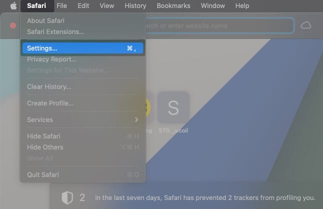 Open Safari, select safari from menu bar and tap on Settings