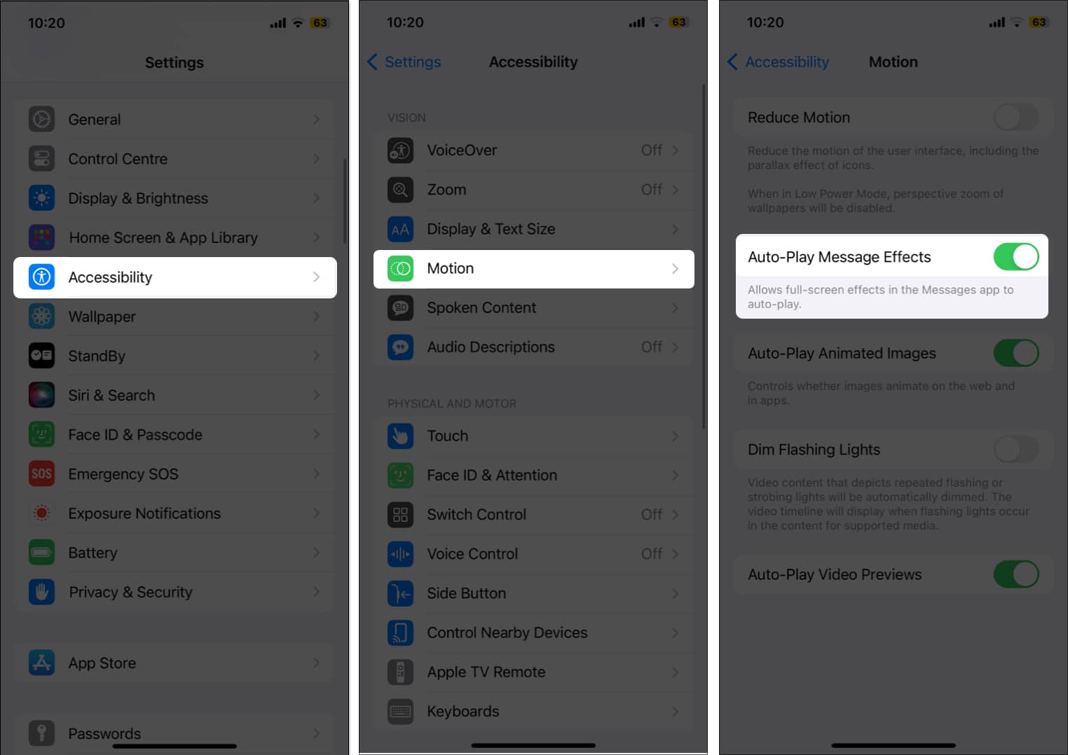 Open Settings, Go to Accessibility, Tap Motion, and Turn on Auto-Play Message Effects