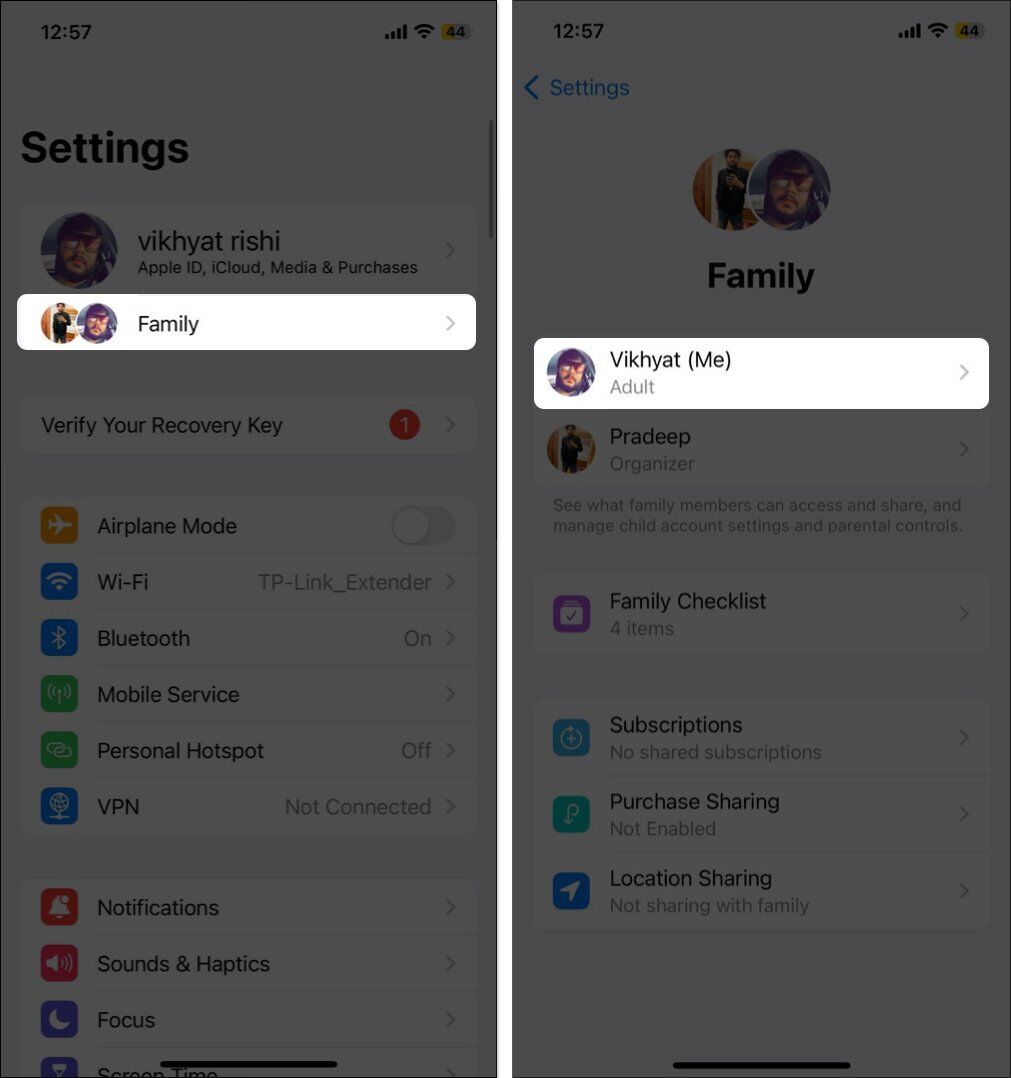Open Settings, tap on Family and select your Name