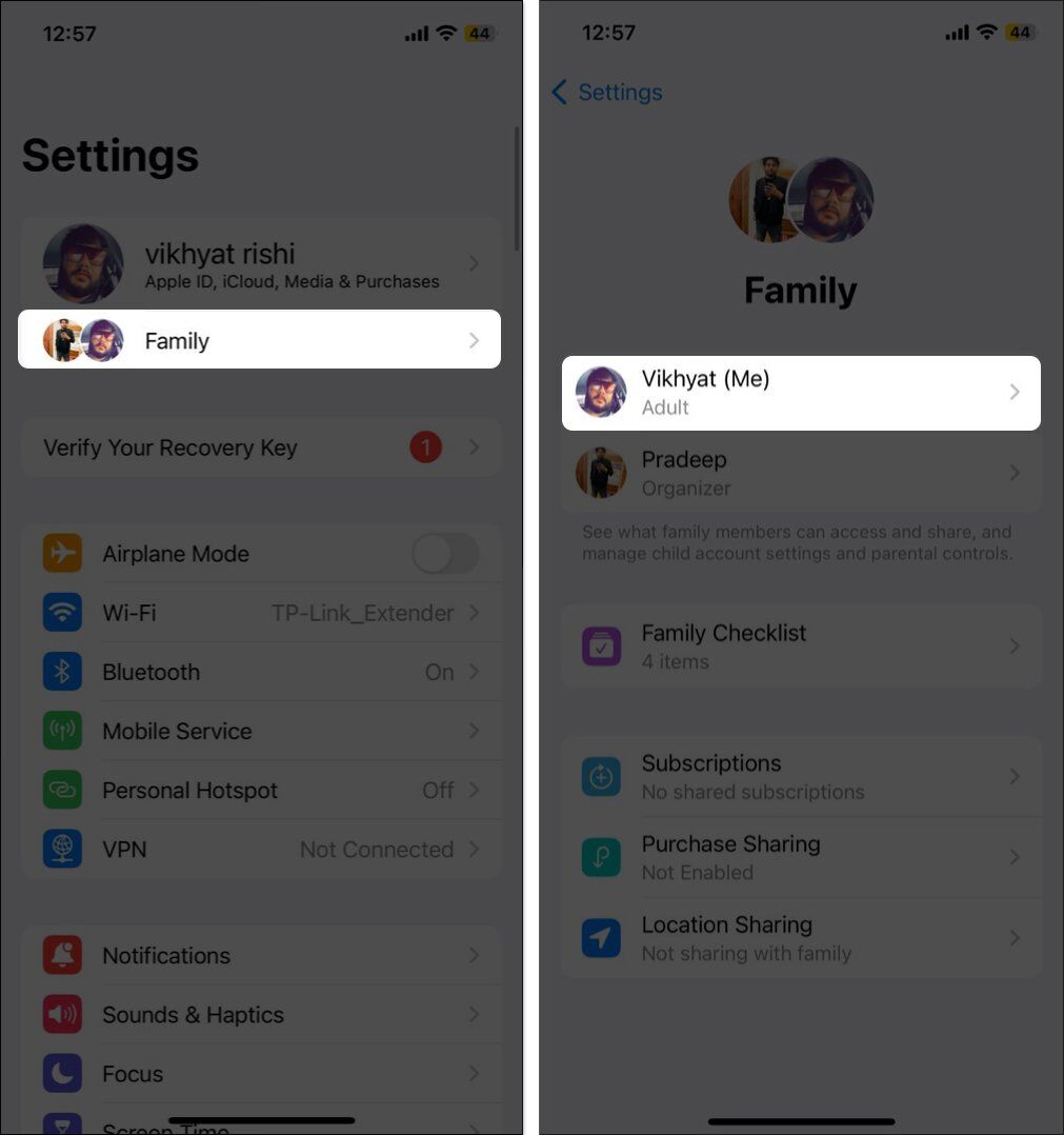 Open settings tap on family and select your name