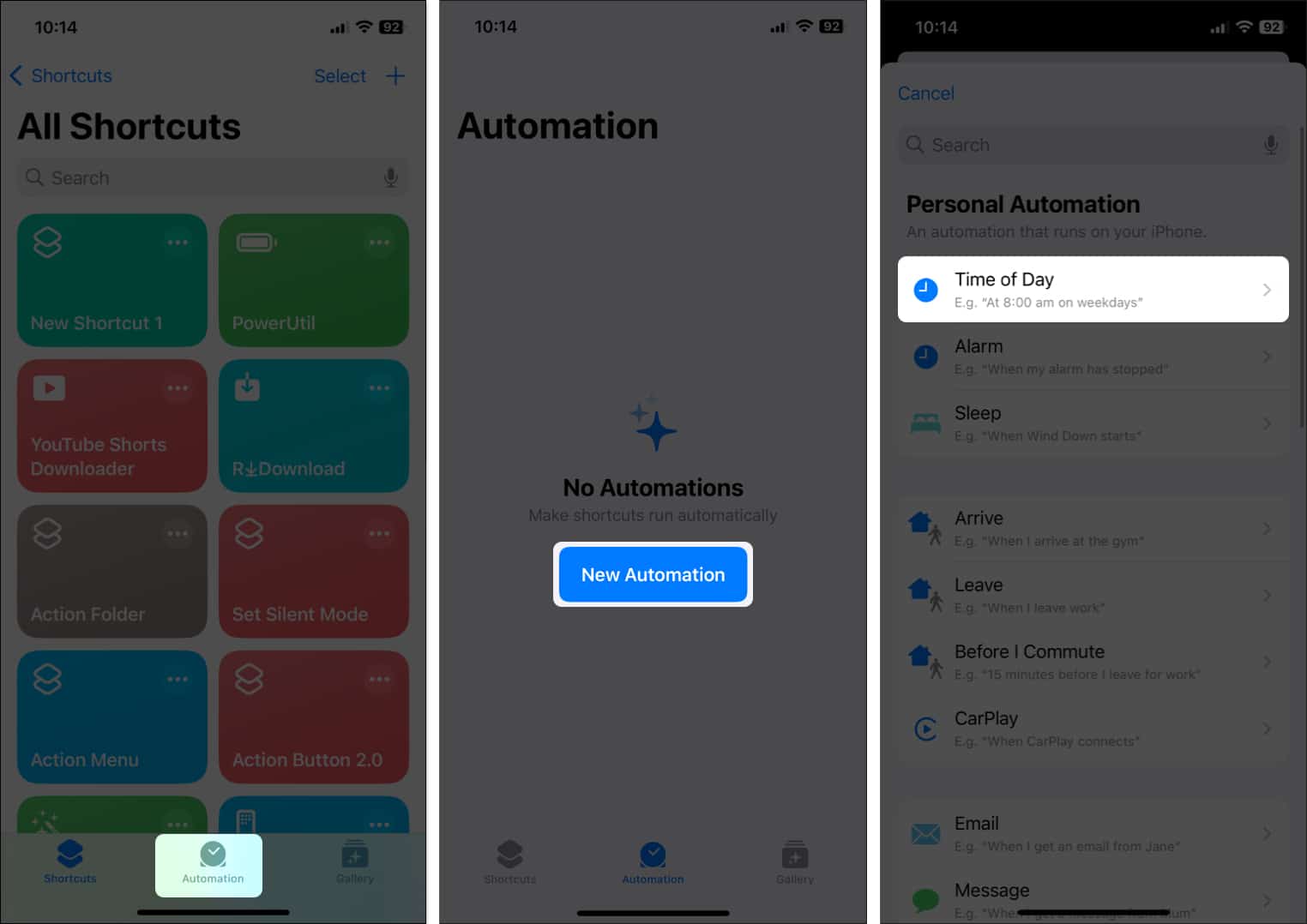 Open Shortcuts app, select Automation, Tap New Automation and Choose Time of the day