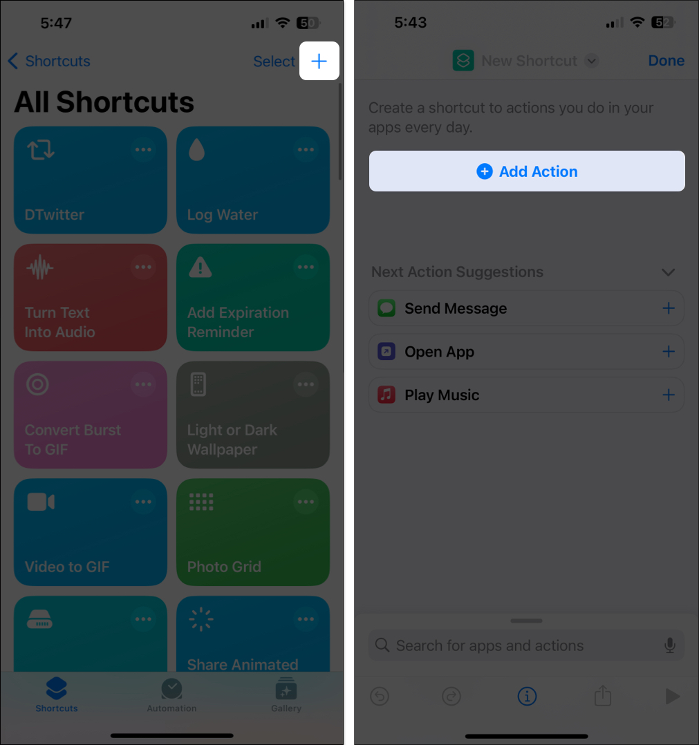 Open Shortcuts app, tap plus button and select Add Action