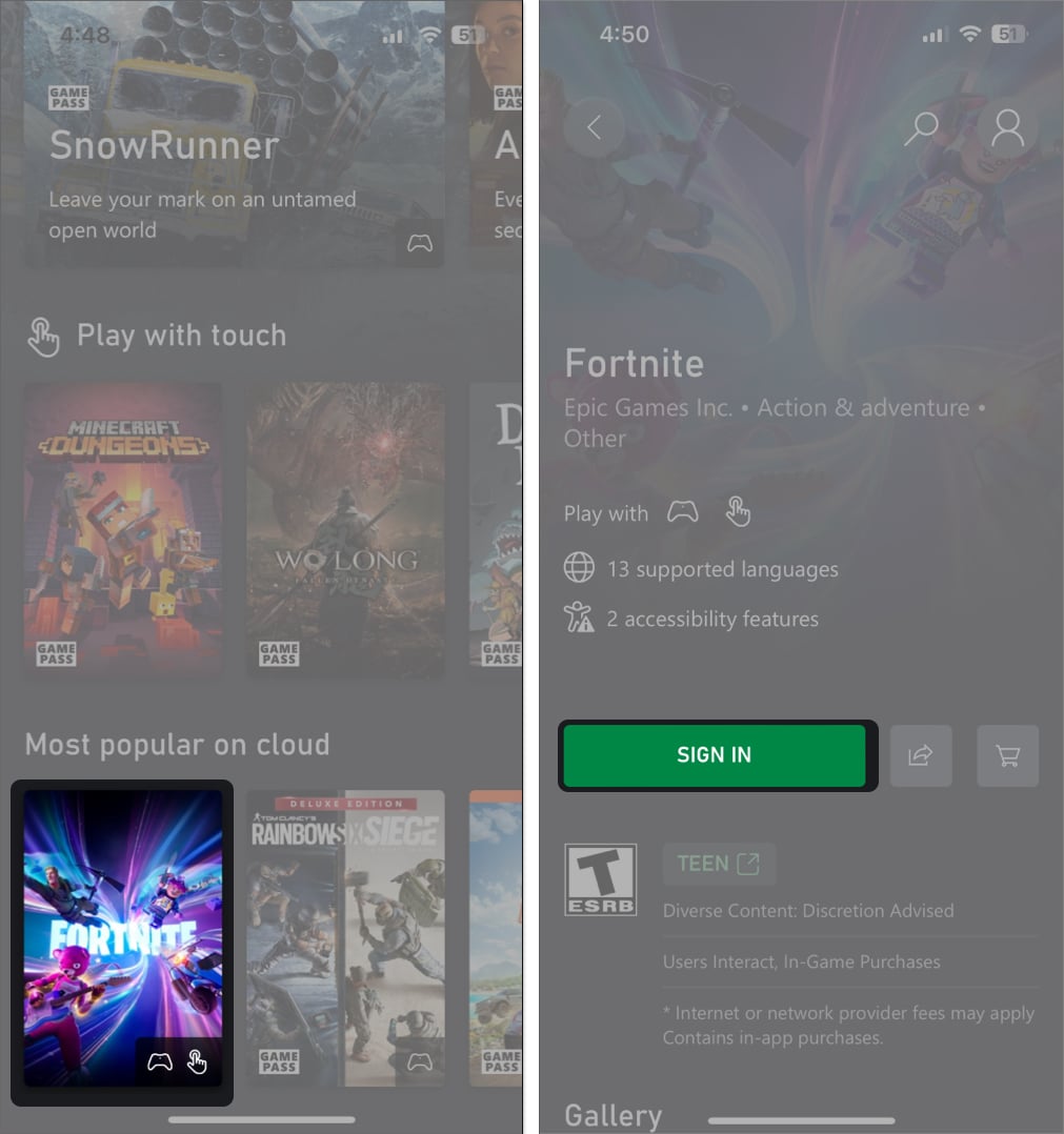 Open Xbox Cloud Gaming shortcut, tap on Fortnite and Sign In