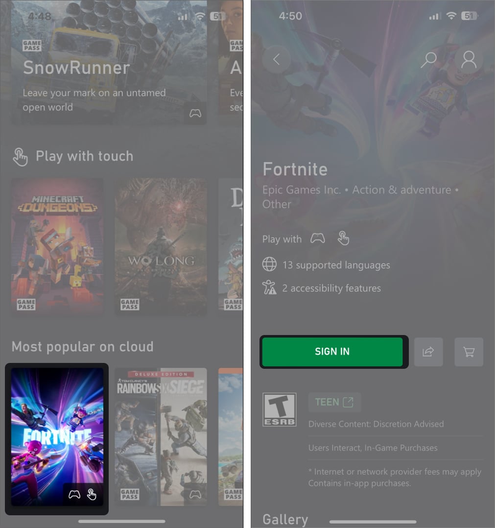Open Xbox Cloud Gaming shortcut tap on Fortnite and Sign In