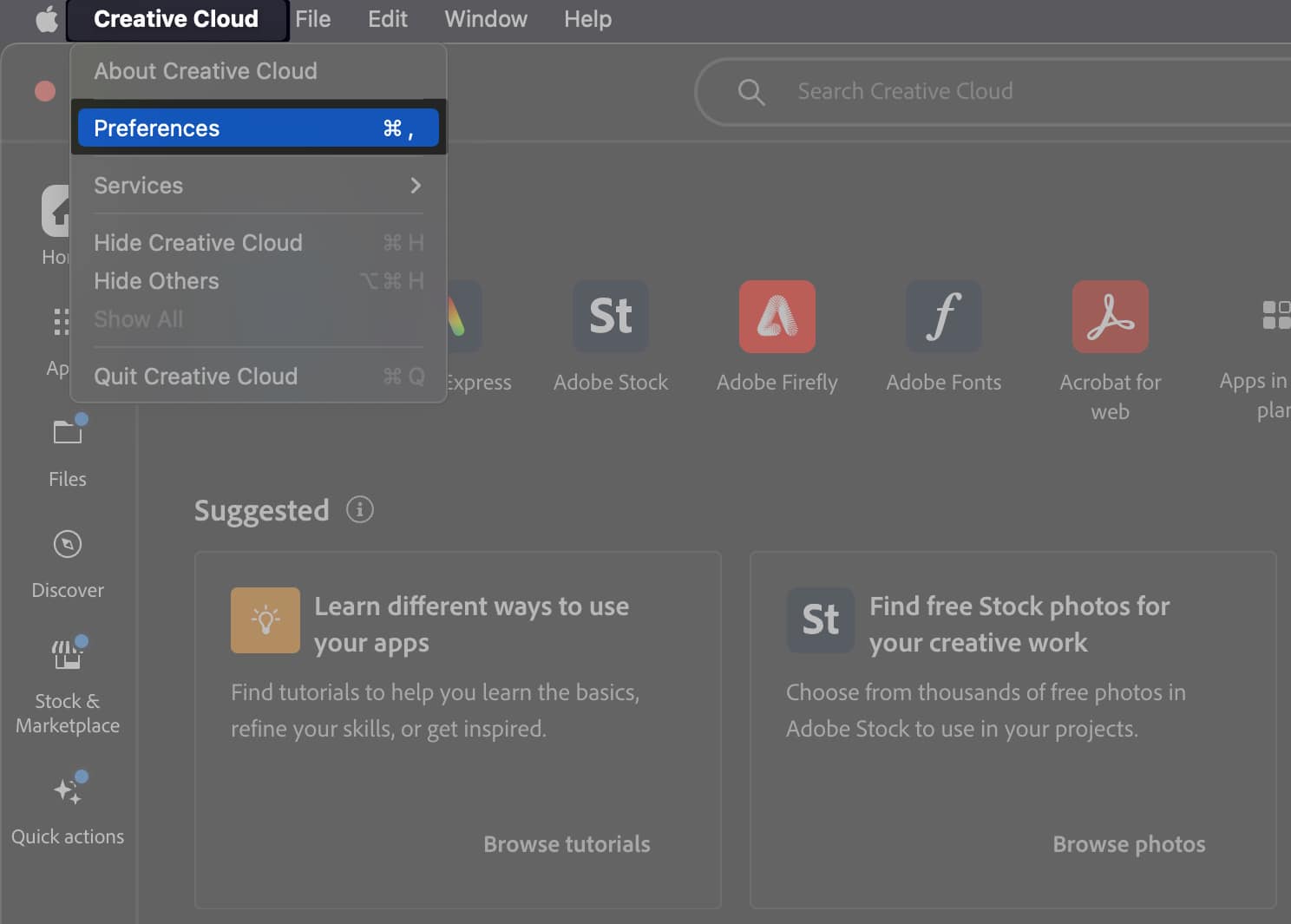 Open the Adobe Creative Cloud app, Click Creative Cloud and select Preferences on your Mac