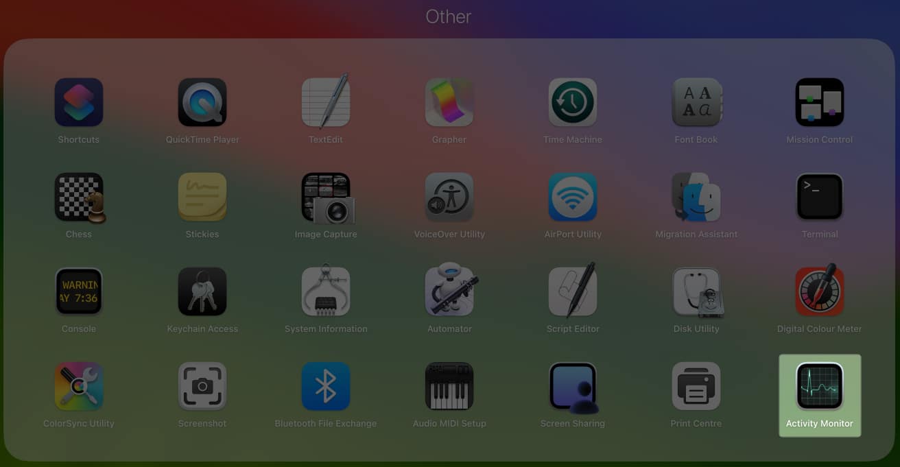 Select Activity Monitor in Other folder on Mac