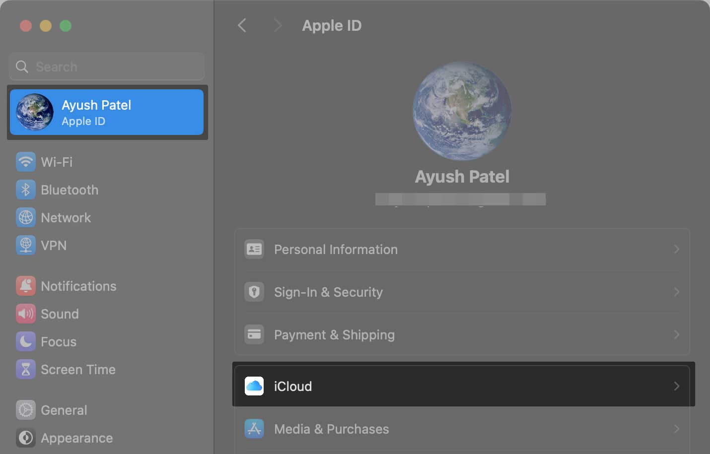 Select Apple ID and go to iCloud