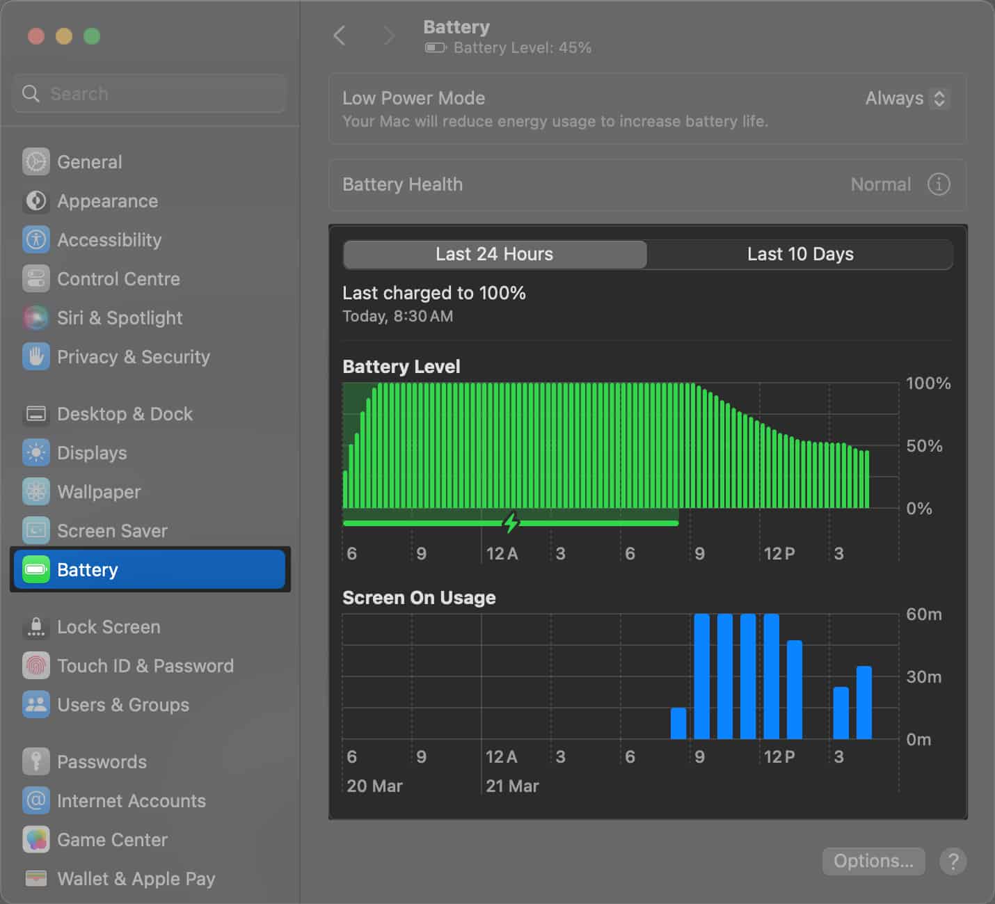 Select Battery and view the battery usage graph on Mac