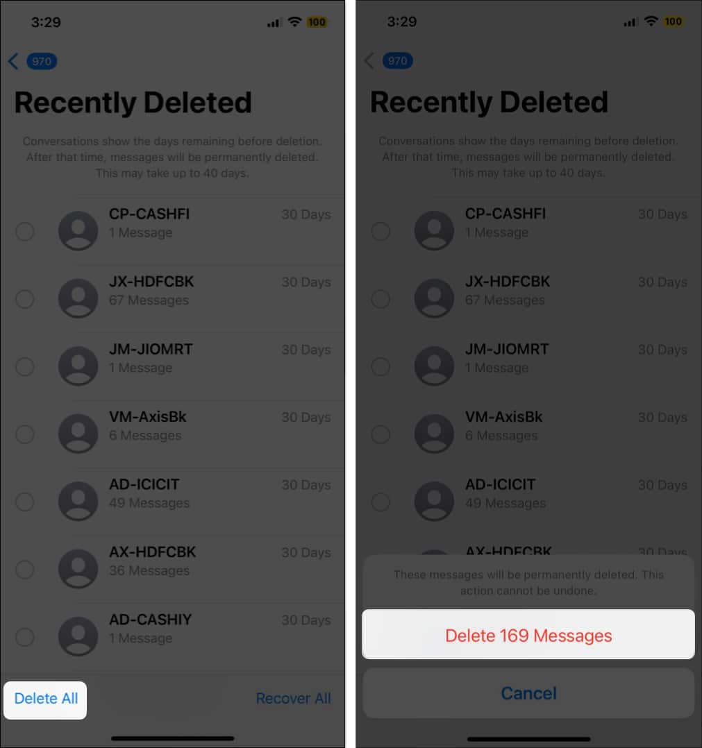 Select Delete All and tap Delete Messages on iPhone