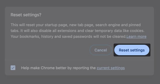 Select Reset Settings in Chrome on Mac