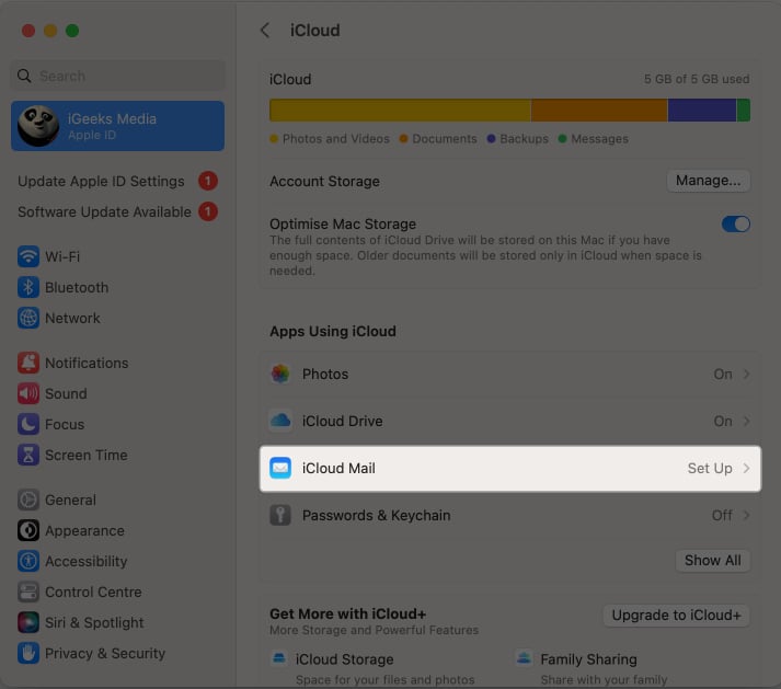 Select iCloud Mail on your Mac