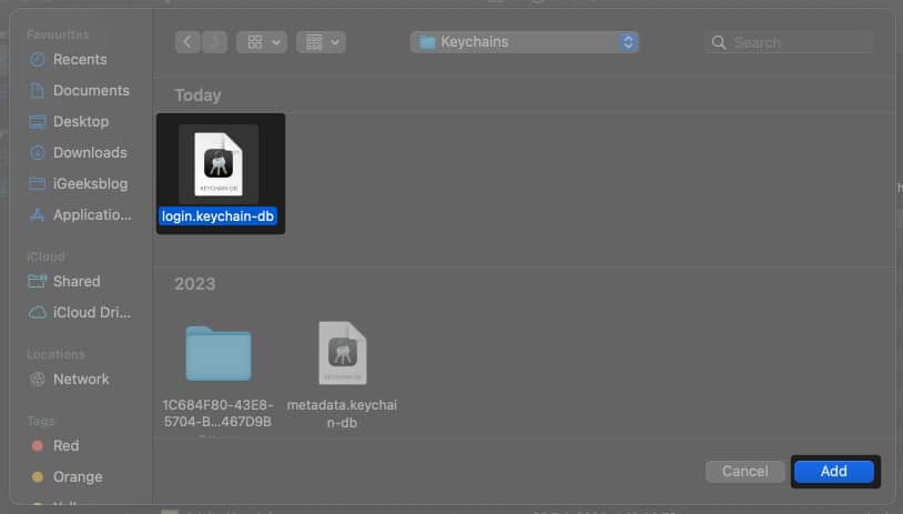 Select login.keychain-db and click on Add