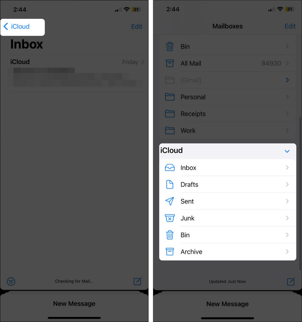 Select on the backwards arrow with iCloud and your can access iCloud mail drafts, sent and trash