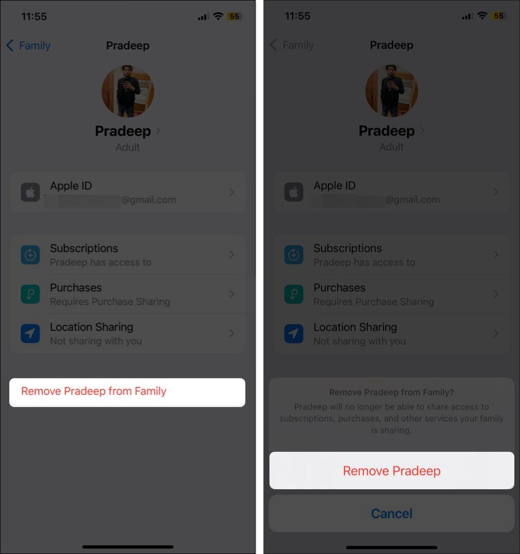 Tap remove name from family and confirm by selecting remove name