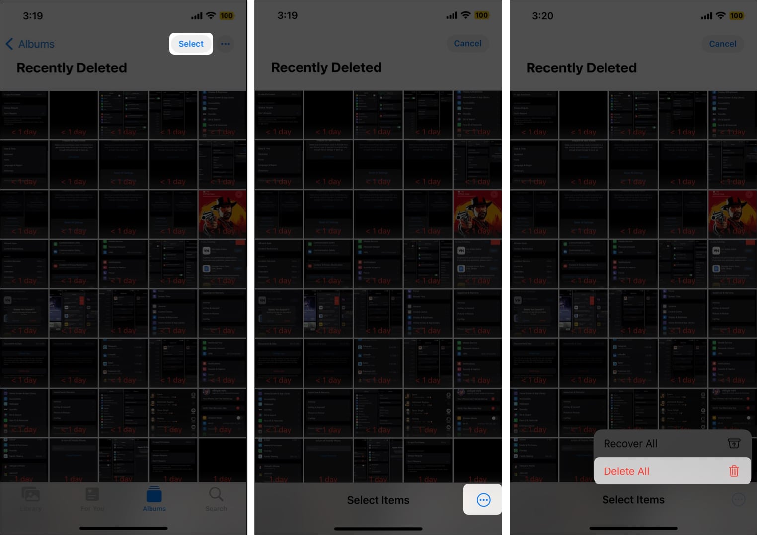 Tap on Select, three dots icon and select Delete All in Photos app on iPhone