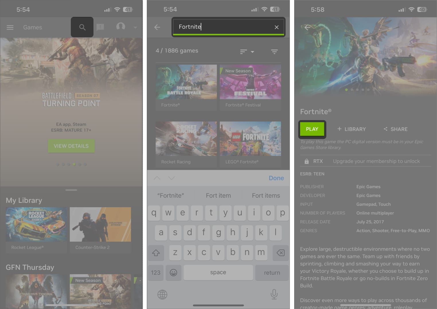 Tap on the search icon search for Fortnite and hit Play