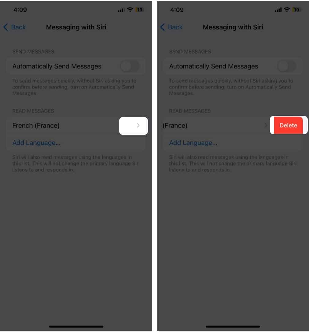 To remove language from Messaging with Siri on iPhone