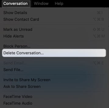 click conversation on menu bar, select delete conversation on mac messages