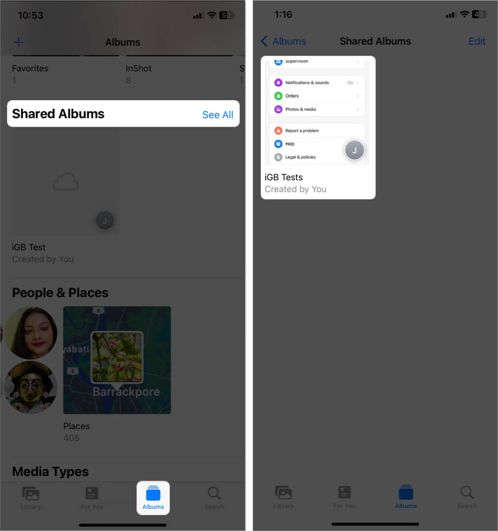 go to albums, tap see all beside shared albums, find and access albums in photos