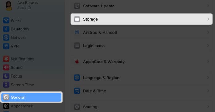 go to general, storage in mac settings
