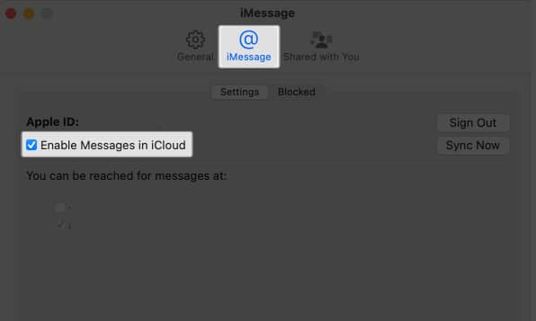 go to imessage tab, click enable messages in icloud in messages settings
