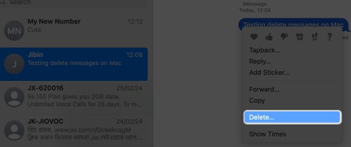 right click a message, select delete on mac messages