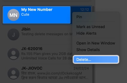 select a conversation, click delete on mac messages