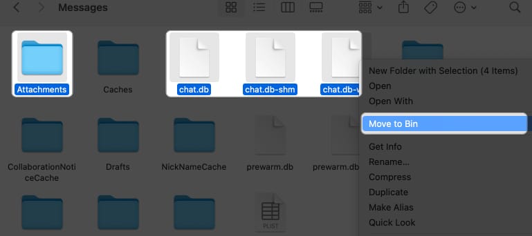 select chat db and attachments, move to trash in finder