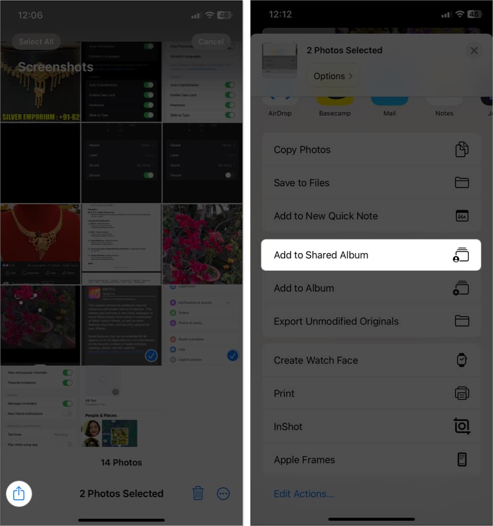 select photos, tap share, add to shared album in photos