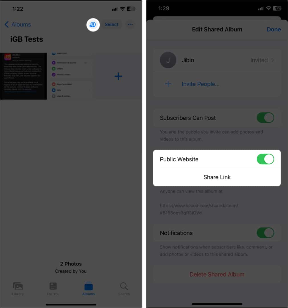 tap people icon, toggle on public website, tap share link in shared album