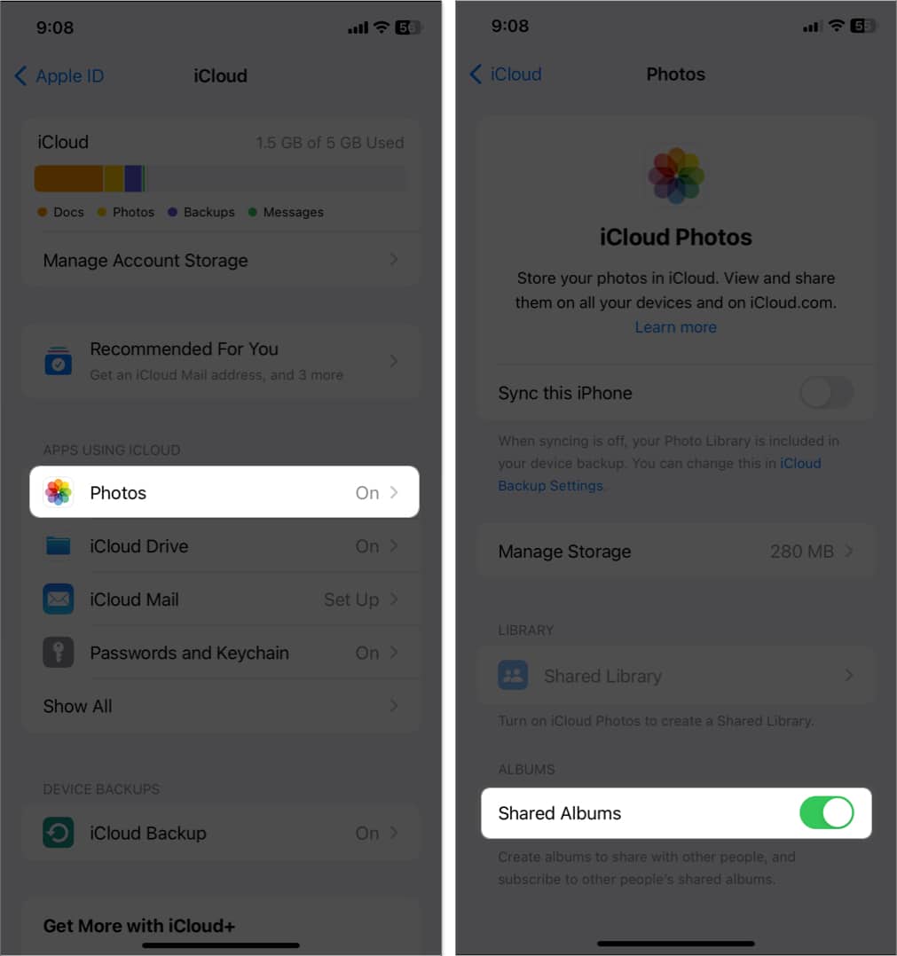 tap photos, toggle on shared albums in icloud settings