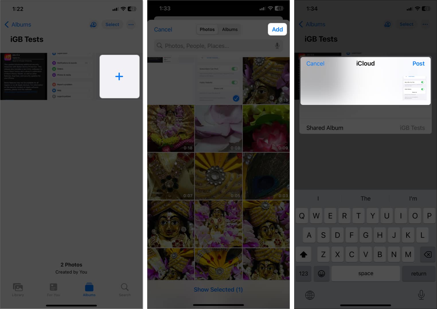 tap plus icon, select photos, add, post in shared album