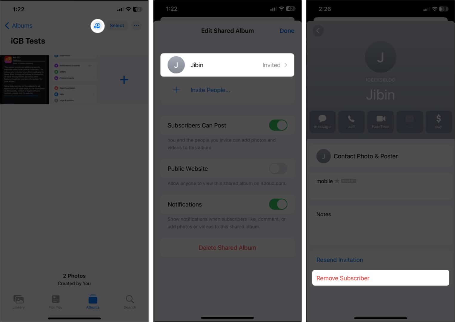 tap the people icon, select member, tap remove subscriber in shared albums