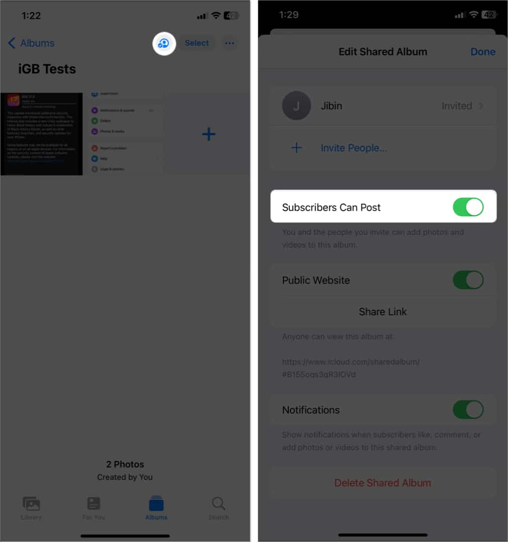 tap the people icon, toggle on subscribers can post in shared album