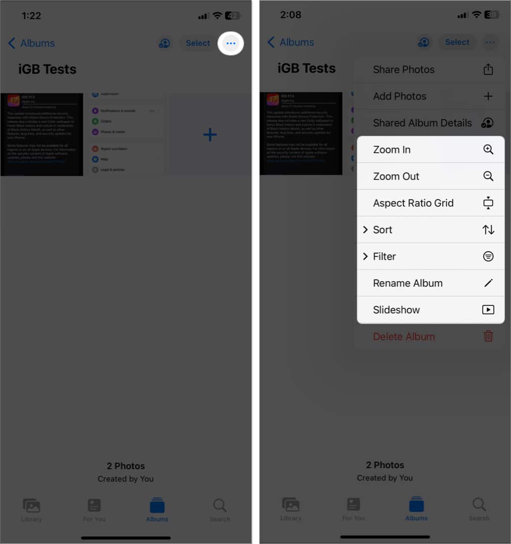 tap three dots icon, manage viewing options in shared album