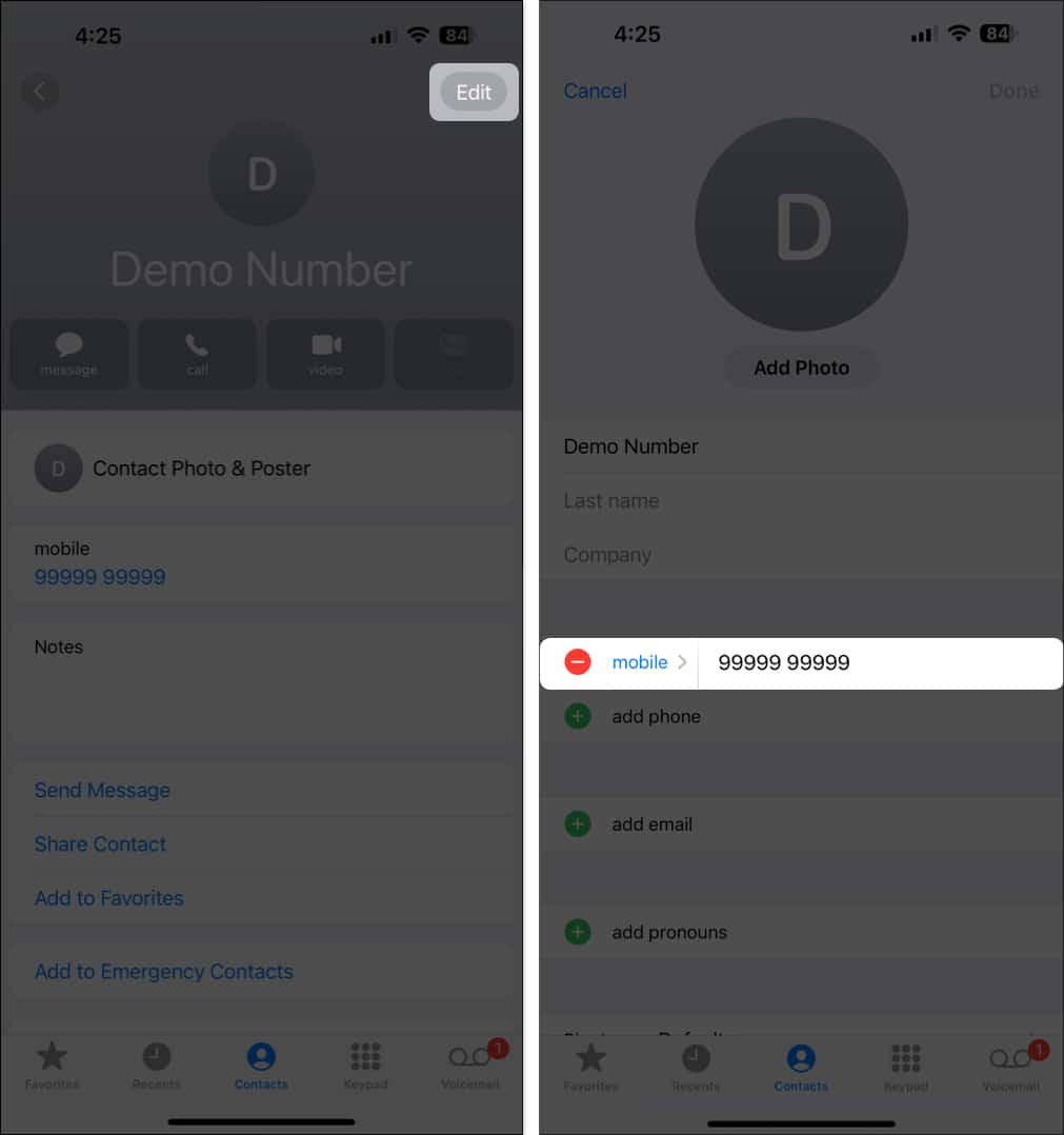 Select an existing contact, Hit Edit, tap at the end of phone number