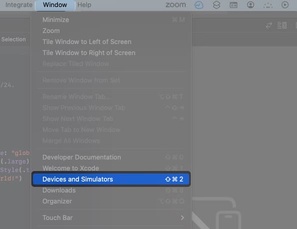 click windows, devices and simulators in xcode