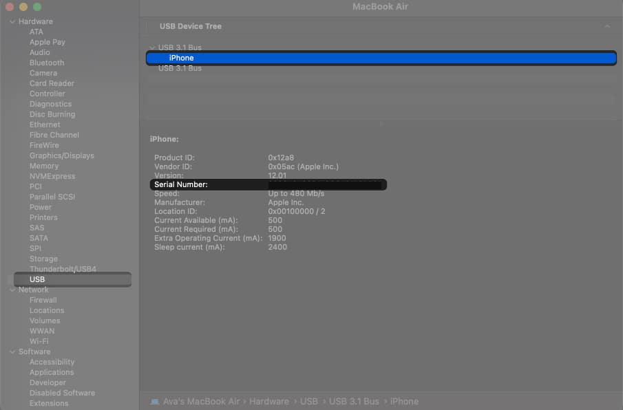 go to USB, iphone, serial number in system report