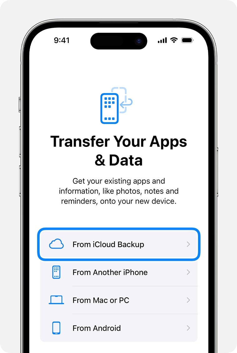 select from icloud backup from transfer apps and data page