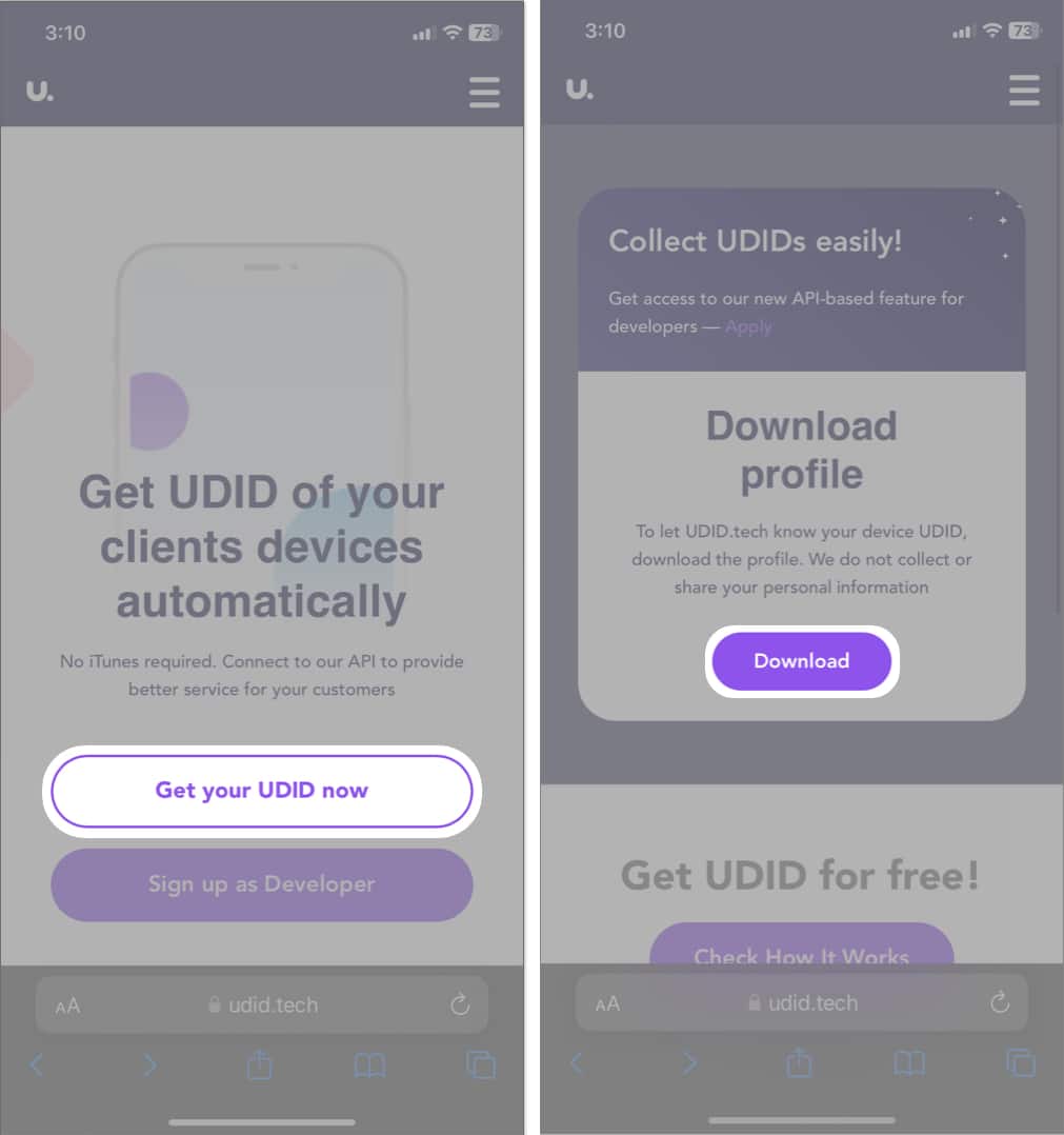 tap get your udid now, download in iphone safari
