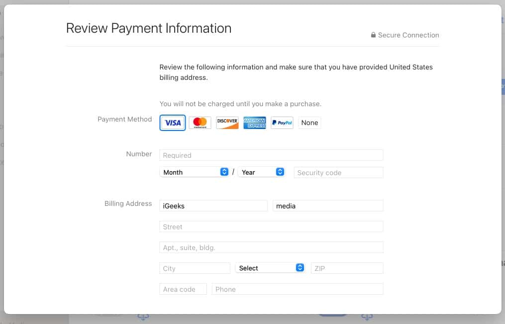 Add payment and billing information, continue