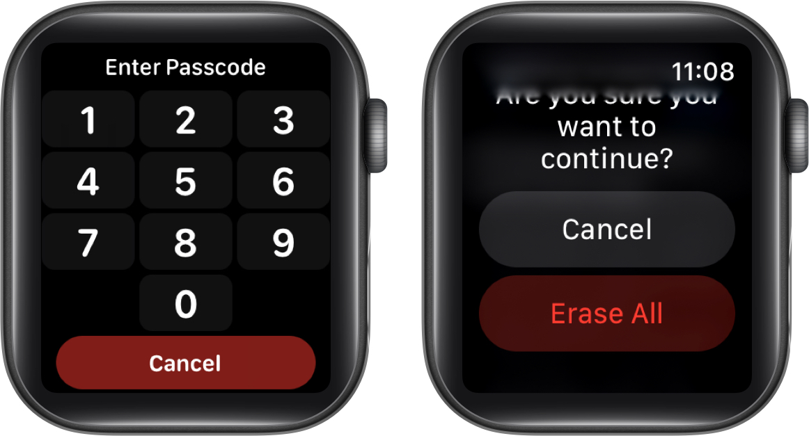 Enter passcode select erase all to factory reset apple watch