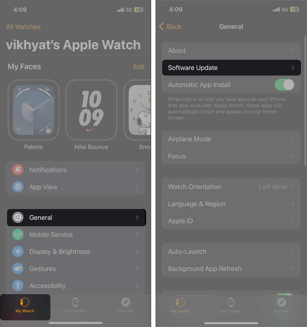 Go to My watch tab select General tap Software update