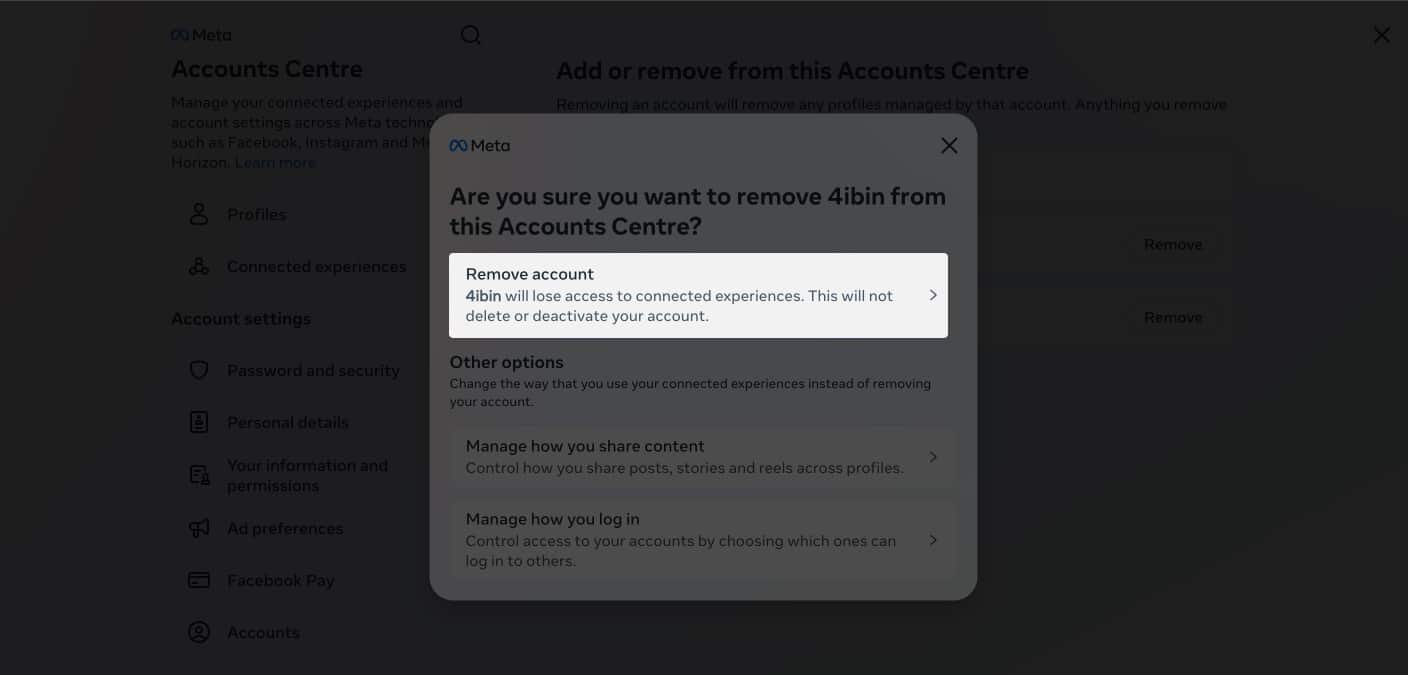 Remove account option on Facebook web