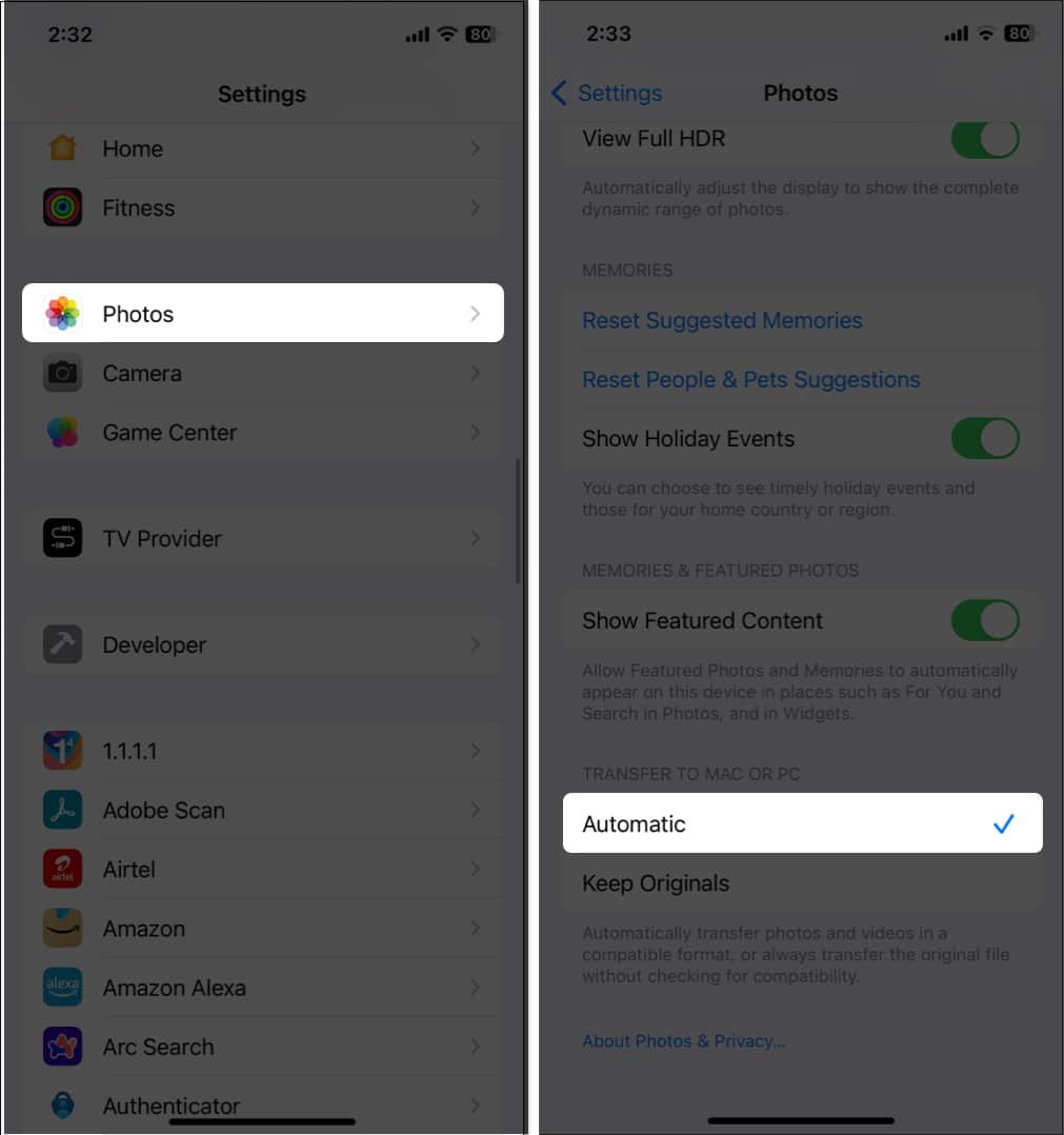 Select Automatic for Transfer to Mac or PC in Photos Settings