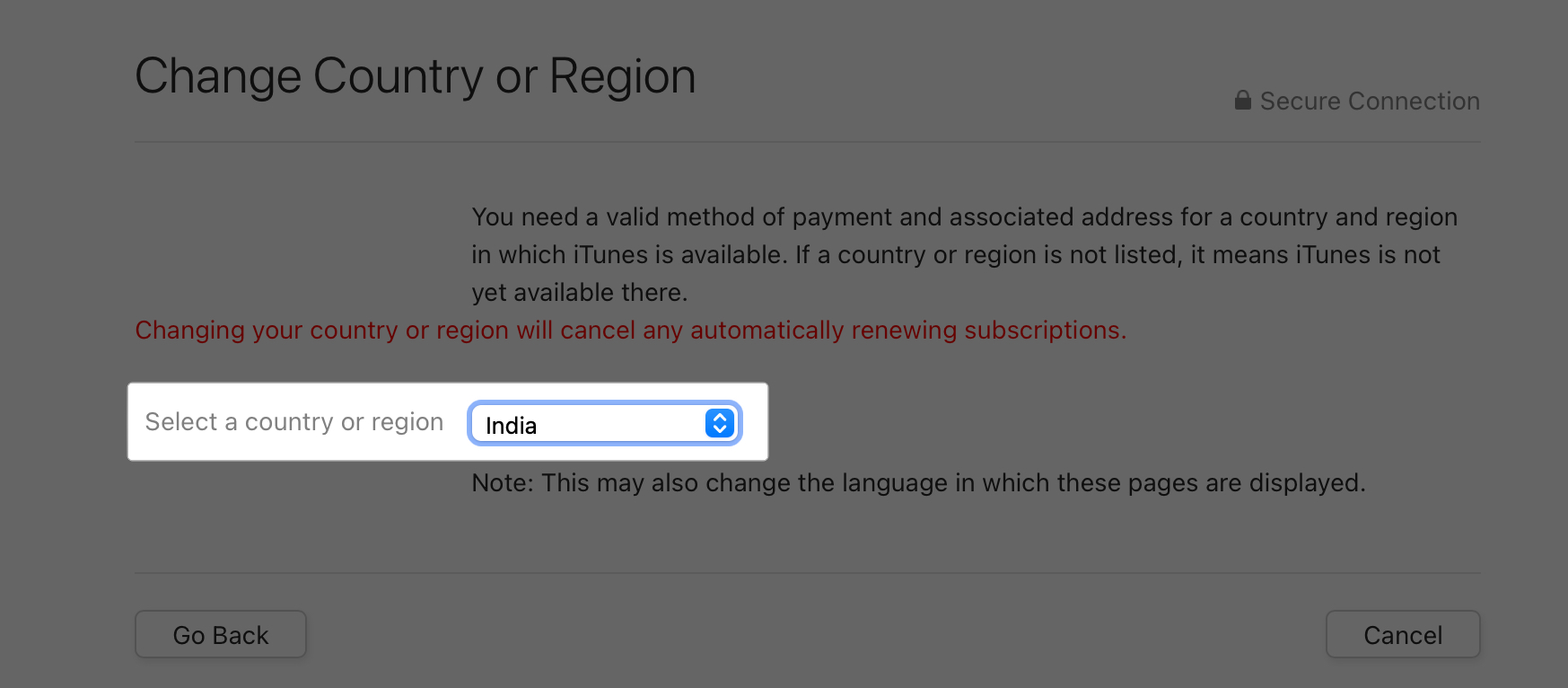 Select new country from drop down list
