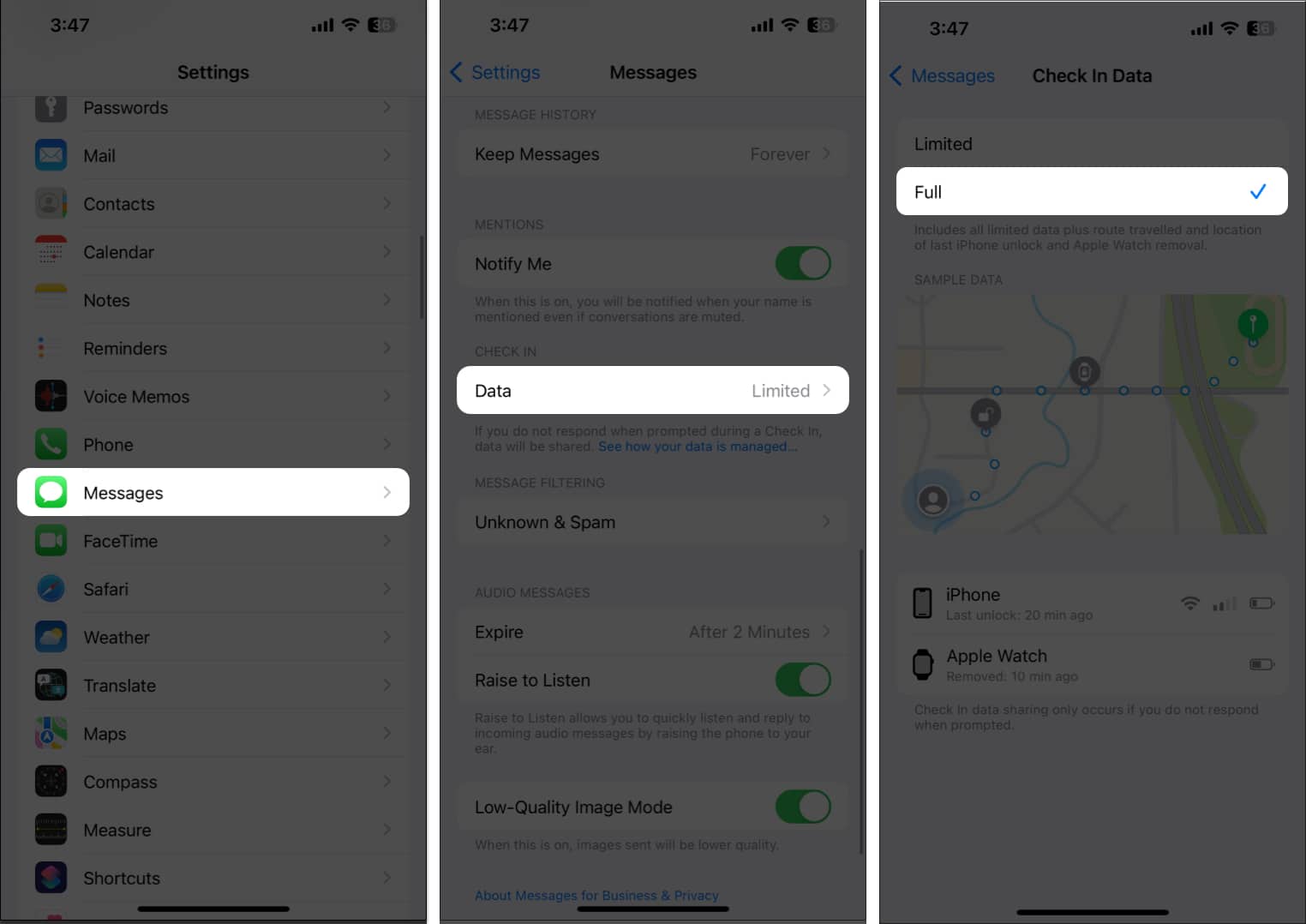 Tap Messages Data Full in Settings
