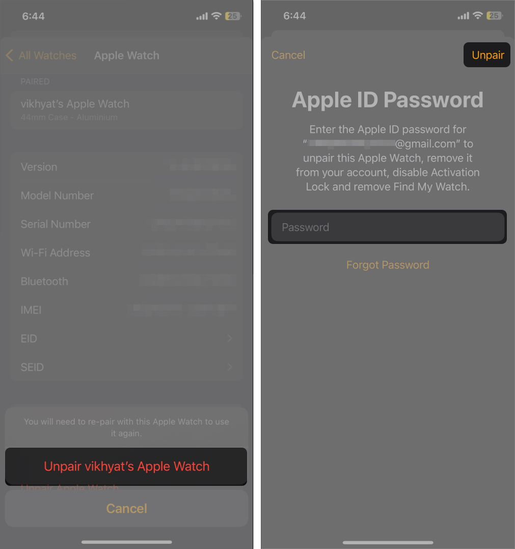 Tap unpair apple watch enter apple id password select unpair