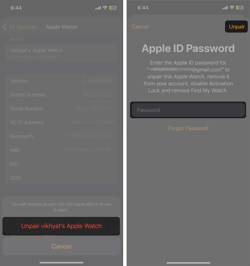 Tap unpair apple watch enter apple id password select unpair