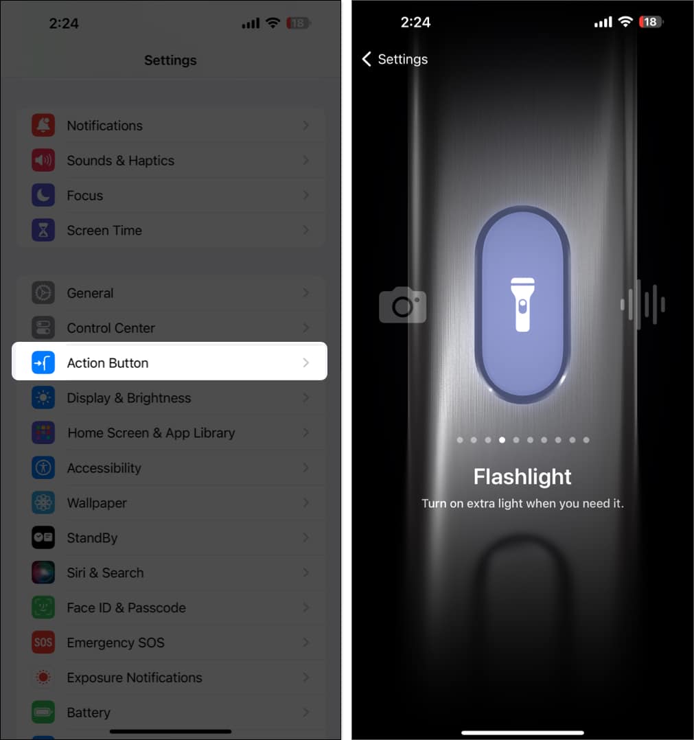 Turn off flashlight using Action Button on iPhone